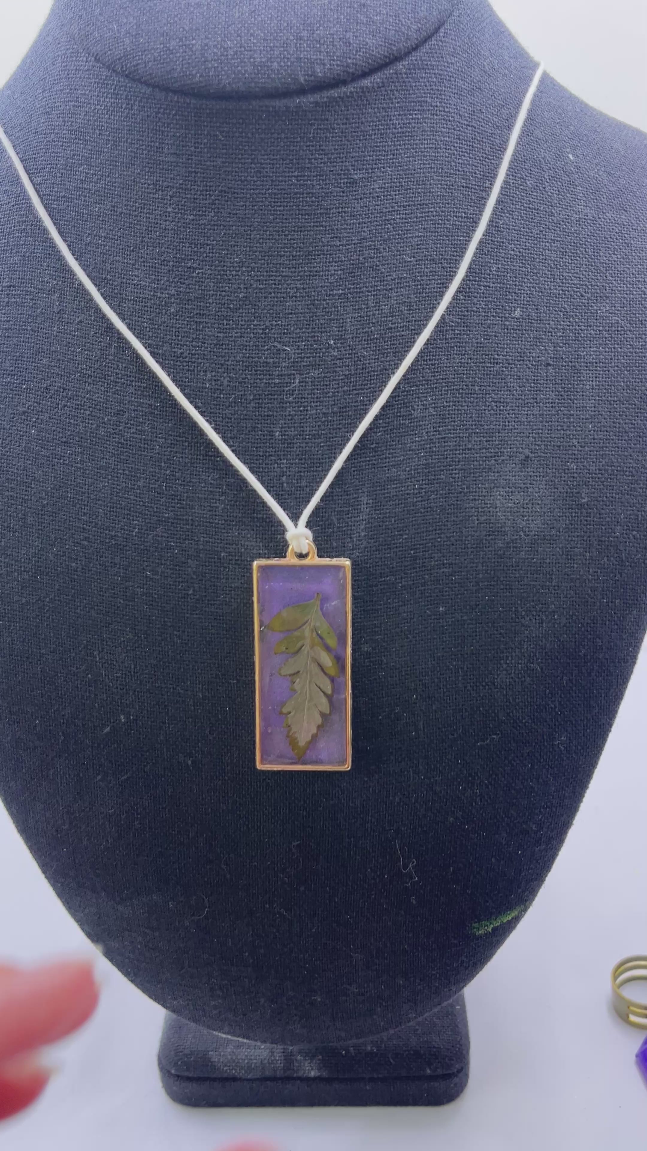 Fern Leaf Necklace | Framed Resin Leaf with Purple Background
