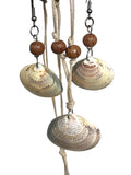 Shell and wooden bead earrings and matching necklace on a white background