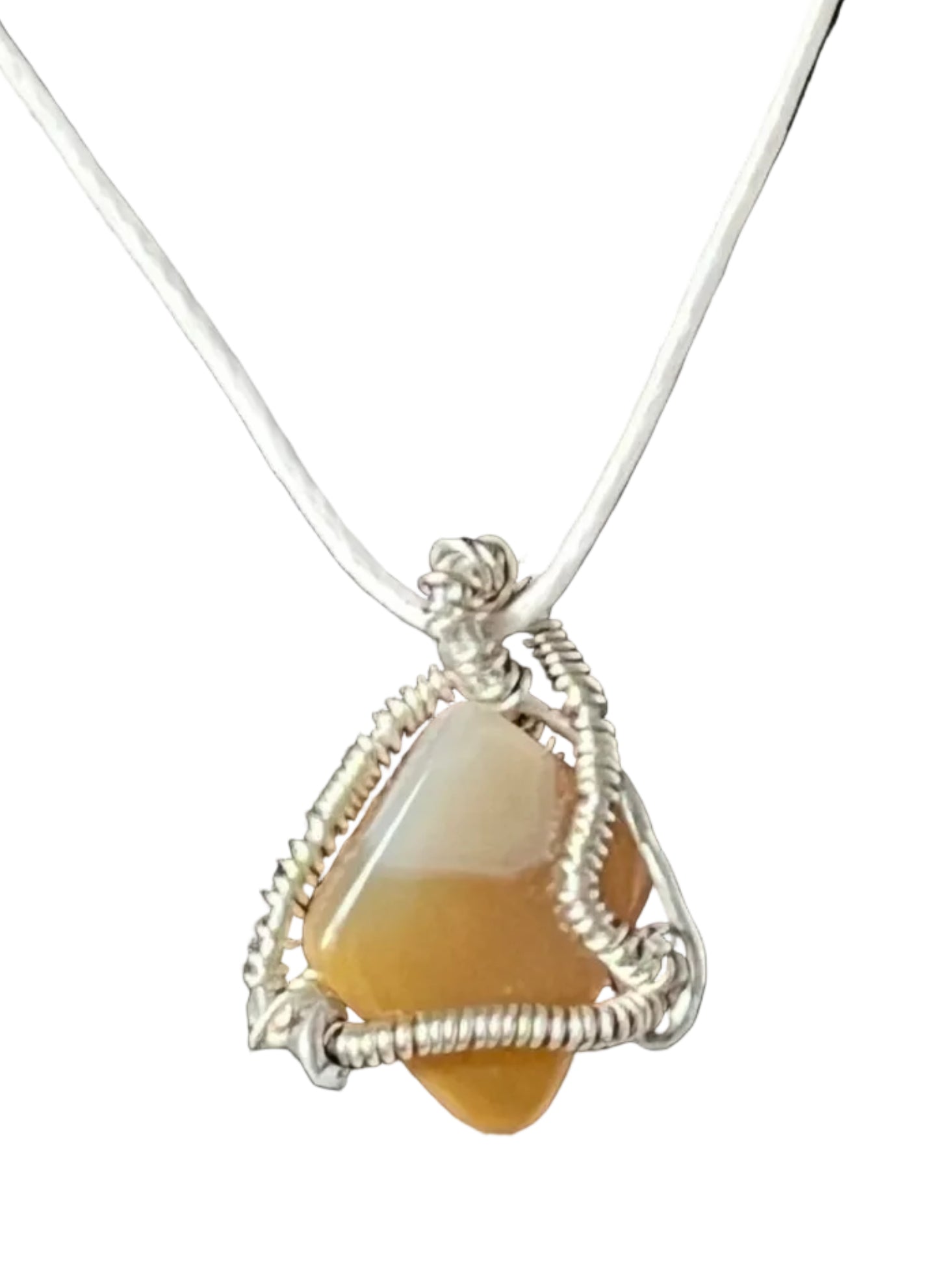 Necklace with a pendant featuring a brown stone and silver wire wrapping on a white background